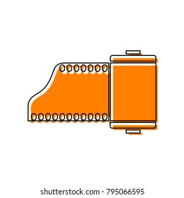 Old photo camera casset sign. Vector. Black line icon with shifted flat orange filled icon on white background. Isolated.
