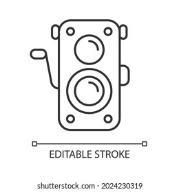 Old photo camera linear icon. Optical instrument for visual image capturing. Vintage photography. Thin line customizable illustration. Contour symbol. Vector isolated outline drawing. Editable stroke