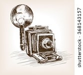 Old photo camera  sketch style vector illustration. Old hand drawn engraving imitation. 