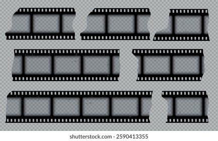 Old photo or film strip torn pieces vector set. Vintage black cinematic roll frame. Scratched video or photography transparent tape of 35mm. Retro grunge overlay cinema or movie reel
