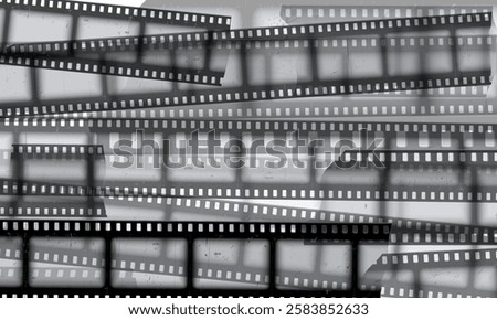 Old photo or film strips vector background design. Vintage black cinematic roll frame. Abstract scratched video or photography 35mm tapes. Retro grunge cinema or movie reel monochrome illustration
