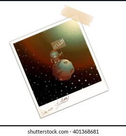 Old photo with first extraterrestrial contact. Vintage photograph with the phrase We Are Not Alone. Vector illustration.