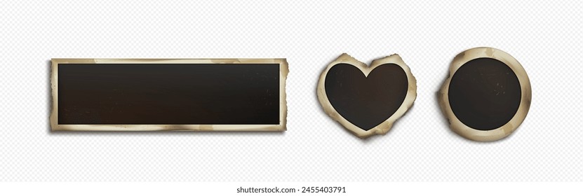 Old photo frame for album and scrapbook. Realistic vector illustration set of vintage picture borders in form of horizontal rectangle, heart and circle. Retro memory snapshot sticker mockup.