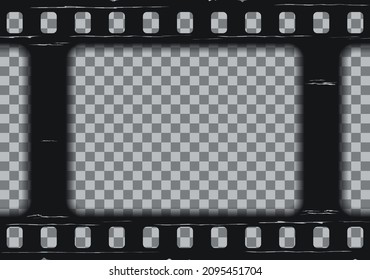 Old photo frame. Cinematic roll on transparent background. Vintage textured camera tape. Black movie reel with slides. Retro negative filmstrip. Close-up cinema strip. Video border. Vector illustratio