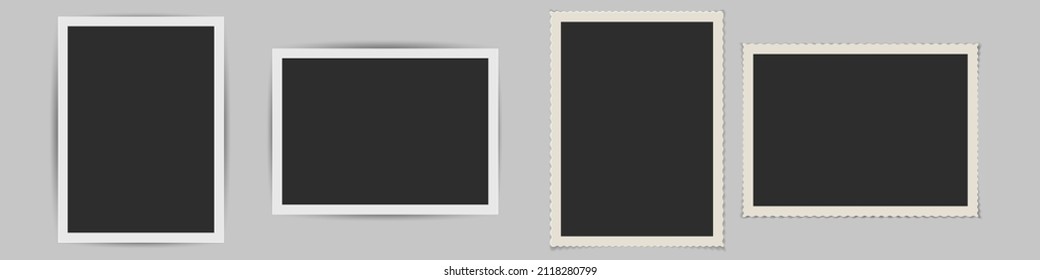 Old Photo Frame Set With Shadows. Vertical And Horizontal Black Retro Snapshots With Straight And Carved Edge Template. 3D Realistic Vector Illustration.