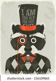 Old photo of hipster raccoon. Vector illustration.