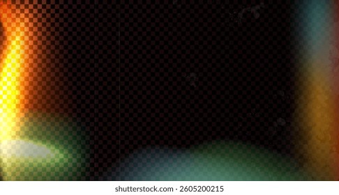 Old photo light leak overlay background. Gradient effect with colorful blur. Camera film filter. Abstract retro lens flare background. Texture with dust spots noise. Grunge vector photograph backdrop.