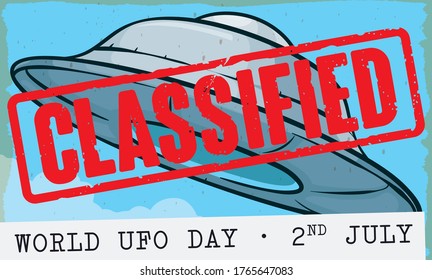 
Old photography of flying saucer with 'classified' stamp and a paper commemorating the World UFO Day this 2nd July.