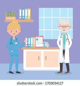 old physician and nurse medical room, doctors and elderly people vector illustration