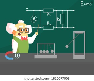 Old Physicist Scientist Character, Professor Standing in front of Blackboard Vector Illustration