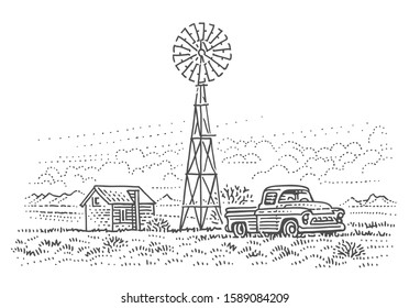 Old pick up truck in ranch land sketch line illustration. Vector, isolated. 