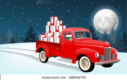 Old pickup truck with many gifts in the back against the background of a winter forest and a full moon. Vector image. Christmas background