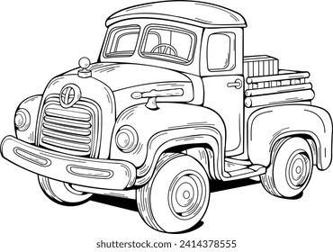 Old Pickup Truck Outline Vector Illustration. Black and White Cartoon Truck. Old Truck Coloring Page For Kids and Adults. Cartoon Truck Vector Illustration. Coloring sheets. Car Coloring Sheet.