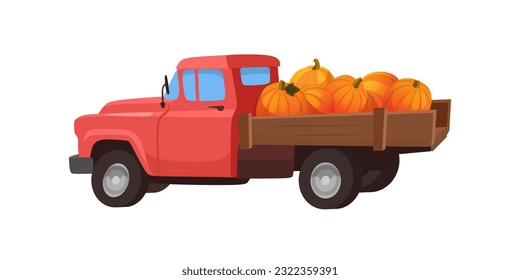 An old pickup truck and pumpkin harvest isolated white background  A cartoon style vintage farm car illustration for pumpkin patch holiday design  Lorry icon for Thanksgiving Halloween 