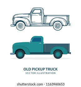 Old pickup truck. Vintage car tow truck emblem.
Illustration of classic retro style truck.