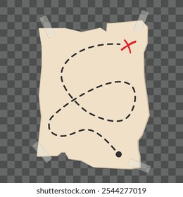 An old piece of parchment paper taped with sticky tape. Treasure map with x marking the spot