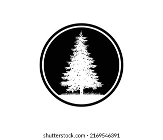 Old Pine Tree Silhouette on the Park Residential landscape Hand Drawing Symbol Vintage Seal Vector Stamp	