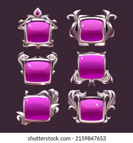 Old pink buttons with metal fantasy frames for rpg game interface. Vector cartoon set of square achievement labels, glossy icons of award badges with silver borders isolated on background