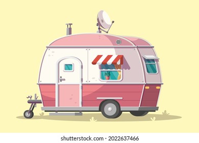 Old pink caravan. Vector illustration in modern cartoon style.