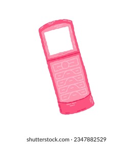 Old pink clamshell style flip phone cellphone 00s, 2000s. Hand drawn flat cartoon element. Vector illustration