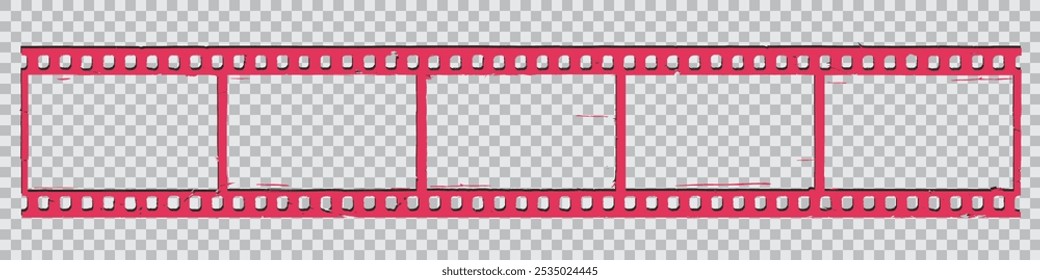 Old pink grunge movie film long strip, vintage filmstrip roll frame, vector element. Video or movie filmstrip overlay, cinema or photograph camera long film strip with transparent background.