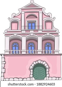 Old pink mansion with green door isolated on white background.