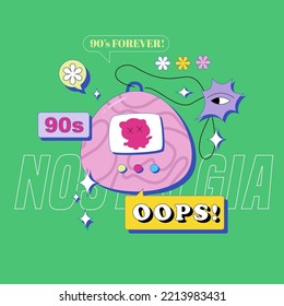 Old pink vintage game tamagochi. Electronic gadget. Cute funny vector design with speech bubbles and text. Modern bright illustration. Editable stroke. 90's nostalgia.