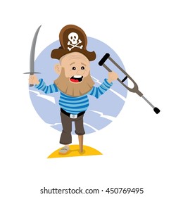 old pirate, bearded pirates on one foot, in one hand holds a knife, in the other a crutch. Vector illustration, cartoon