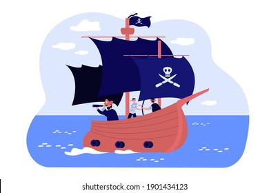 Old pirate boat with skull on black flag and canvas, captain and sailors on deck sailing in high sea. Vector illustration for buccaneers ship, water attack, piracy concept