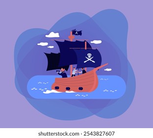 Barco pirata velho com crânio na bandeira preta e tela, capitão e marinheiros no convés velejando no alto mar. Ilustração vetorial para navio de bucaneiros, ataque de água, conceito de pirataria