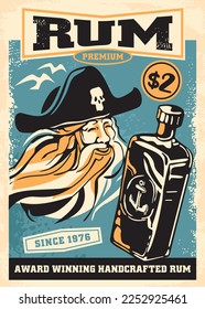 Viejo pirata y botella de ron retro patrón de diseño de afiches. Anuncio de ron vintage con dibujo de estilo de comic del capitán buccaneer. Ilustración del vector de bebida alcohólica.