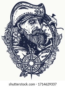 Old pirate captain smocking pipe. Elderly sea wolf, parrot, compass,  rope, wave, swallows and black cats. Symbol of ocean adventure, treasure island. Old school tattoo style. Marine t-shirt art 