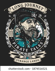 Old pirate captain smocking pipe. Symbol of ocean adventure, treasure island. Elderly sea wolf, parrot, compass, swallows and black cats. Old school tattoo vintage style. Marine t-shirt art 