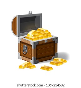 Old pirate chest full of gold bars, vector, cartoon style, illustration, isolated. For games, advertising applications