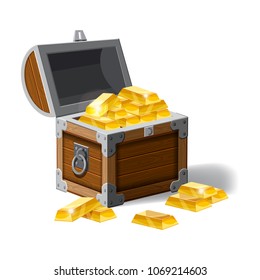 Old pirate chest full of gold bars, vector, cartoon style, illustration, isolated. For games, advertising applications