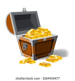 Old pirate chest full of gold bars, vector, cartoon style, illustration, isolated. For games, advertising applications