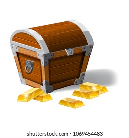 Old pirate chest full of gold bars, vector, cartoon style, illustration, isolated. For games, advertising applications