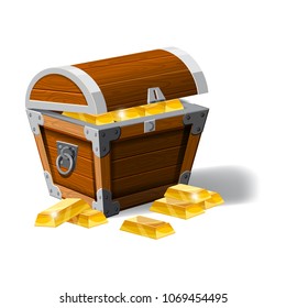 Old pirate chest full of gold bars, vector, cartoon style, illustration, isolated. For games, advertising applications