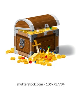 Old pirate chest full of treasures, gold coins, ingots, jewelry, crown, dagger, vector, cartoon style, illustration, isolated. For games, advertising applications