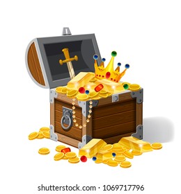 Old pirate chest full of treasures, gold coins, ingots, jewelry, crown, dagger, vector, cartoon style, illustration, isolated. For games, advertising applications