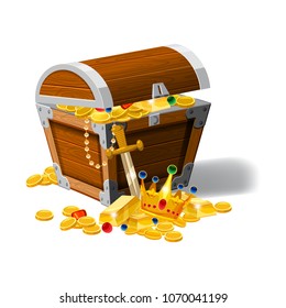 Old pirate chest full of treasures, gold coins, ingots, jewelry, crown, dagger, vector, cartoon style, illustration, isolated. For games, advertising applications