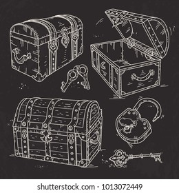 old pirate chests with lock and keys drawn on black background