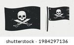 Old pirate flag with Jolly Roger and Grunge texture. Black flag of pirates ship with skull and crossed swords. Logo, poster template. Vector illustration