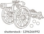 Old pirate gun with cast-iron cannonballs and big wooden wheels, black and white vector illustrations in a cartoon style for a coloring book