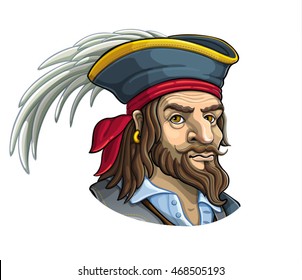 Old pirate hat with a feather. Portrait. Vector illustration.