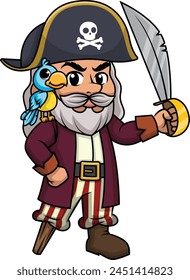 Old pirate holding his word up high vector illustration