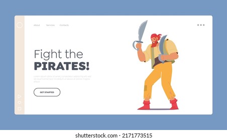 Old Pirate Landing Page Template. Thug or Corsair, Angry Senior Filibuster Wear Ragged Clothes Attack with Sabers. Fairy Tale Personage, Picaroon Character. Cartoon People Vector Illustration