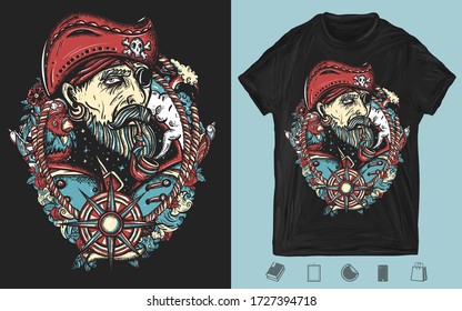 Old pirate man, captain smocking pipe. Elderly sea wolf, parrot, compass, rope, wave, swallows and black cats. Old school tattoo style. Creative print for dark clothes. T-shirt design