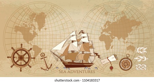 Old pirate map. Sailing ship, old compass, anchor, pirate treasure. Adventure stories background 