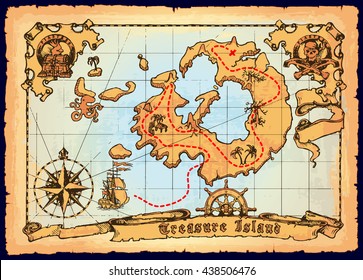 Old pirate map. Skull Island treasure vector map. Background, contour, and track on different layers.